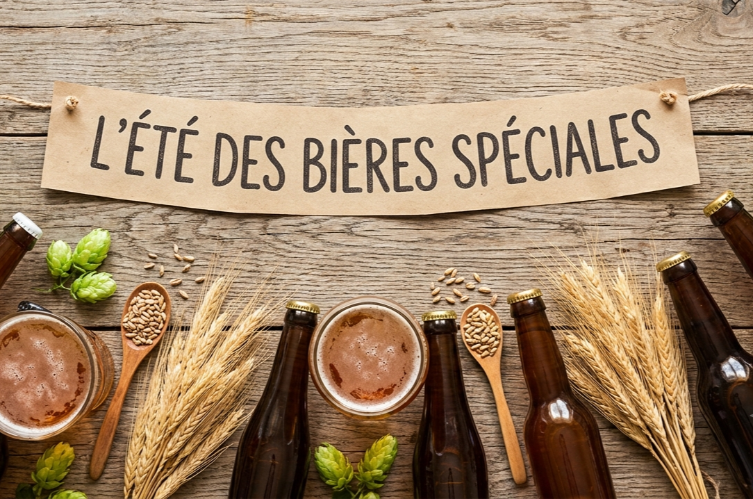Collage flat-lay de bouteilles de bières artisanales, houblon frais, orge et carte de France/Belgique sur une table en bois rustique, lumière chaude.