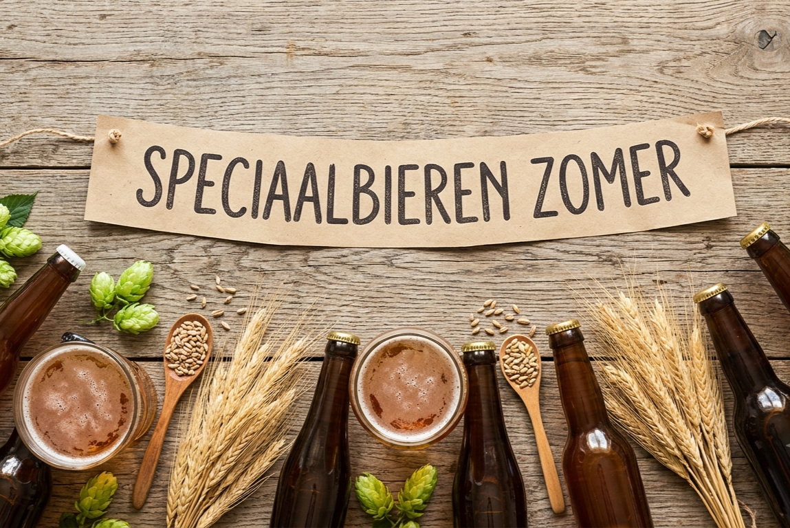 Flat-lay collage van flesjes ambachtelijk bier, verse hop en gerst op een rustieke houten tafel, met een kraftpapieren banier met de tekst 'Speciaalbieren zomer'